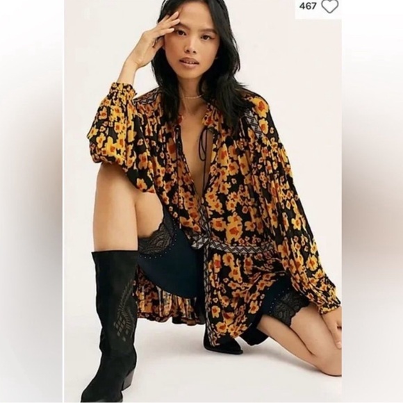 NWT Free People Love letter tunic top dress. Yellow/  black floral, long sleeve - Picture 6 of 14